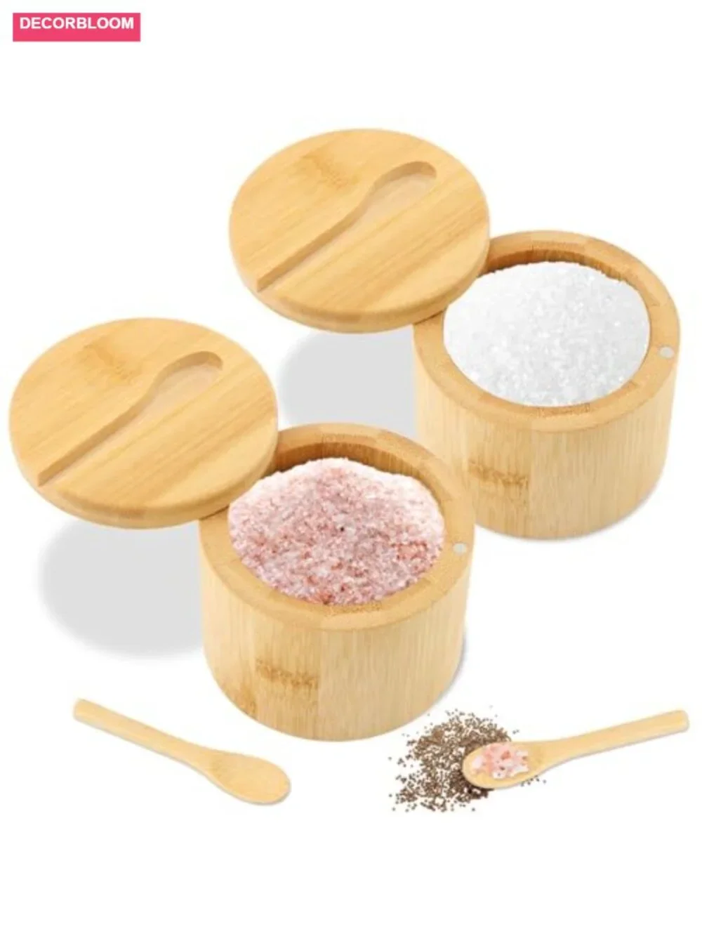 Bamboo Salt Cellar with Magnetic Swivel Lid & Spoon - 2 Pack Storage Box for